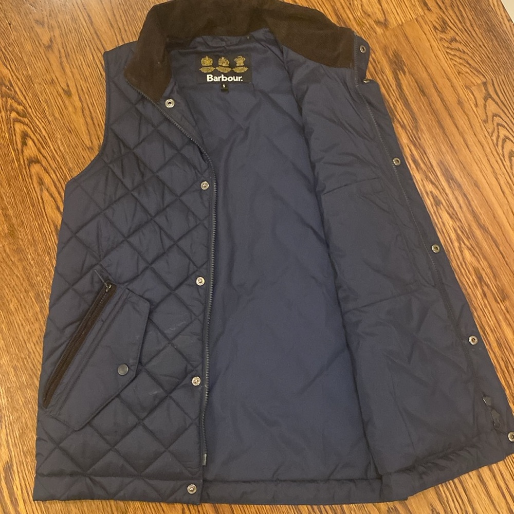 Mens sm/ladies lg navy w brown collar Barbour Kensington quilted vest Nordstroms